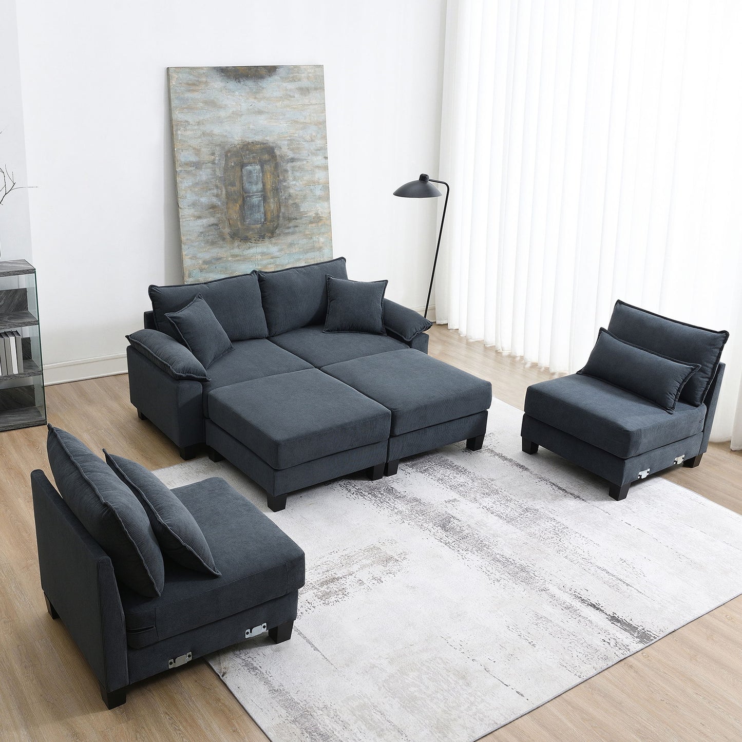 Wide Seat Modular Sectional Bed Sleeper Couch Set With Armrest Pillow 6 Seat, Free Combination Sofa With Ottomans Oversized - Gray