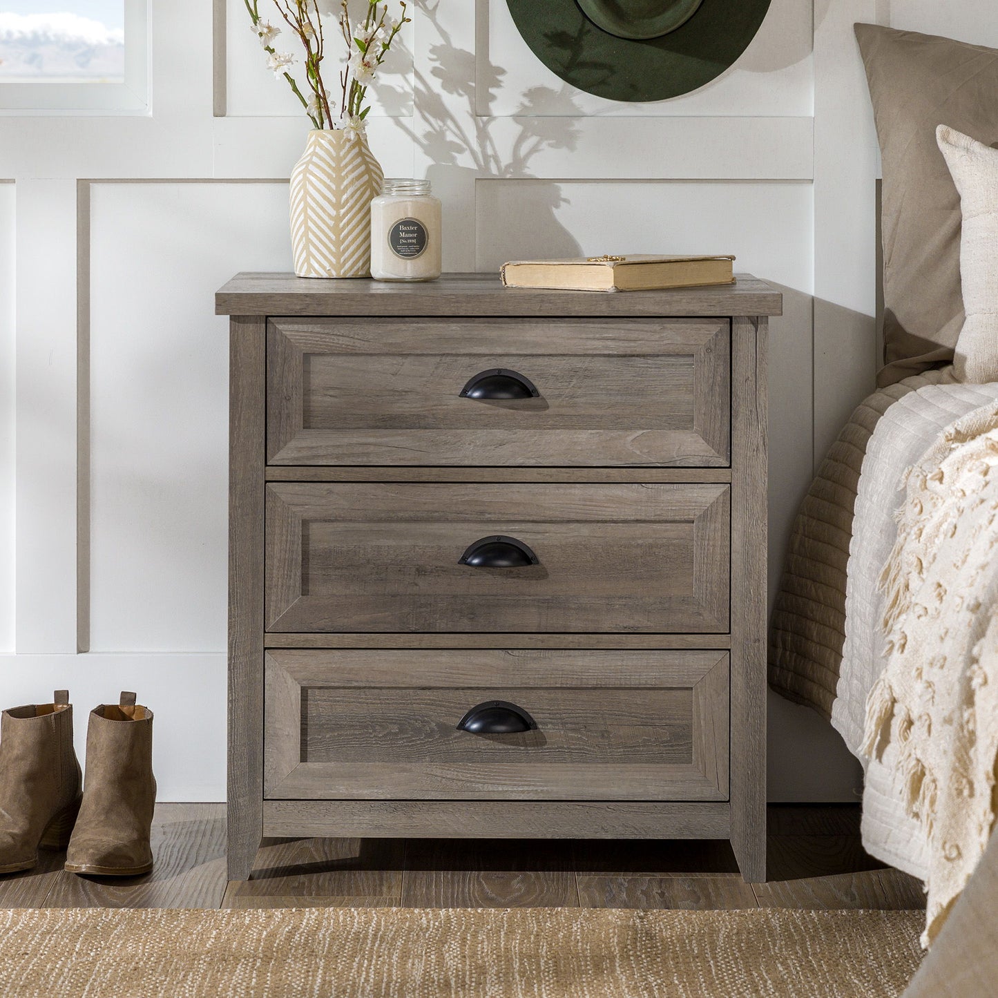 Transitional Farmhouse Framed 3 Drawer Nightstand With Cup Handles - Gray Wash