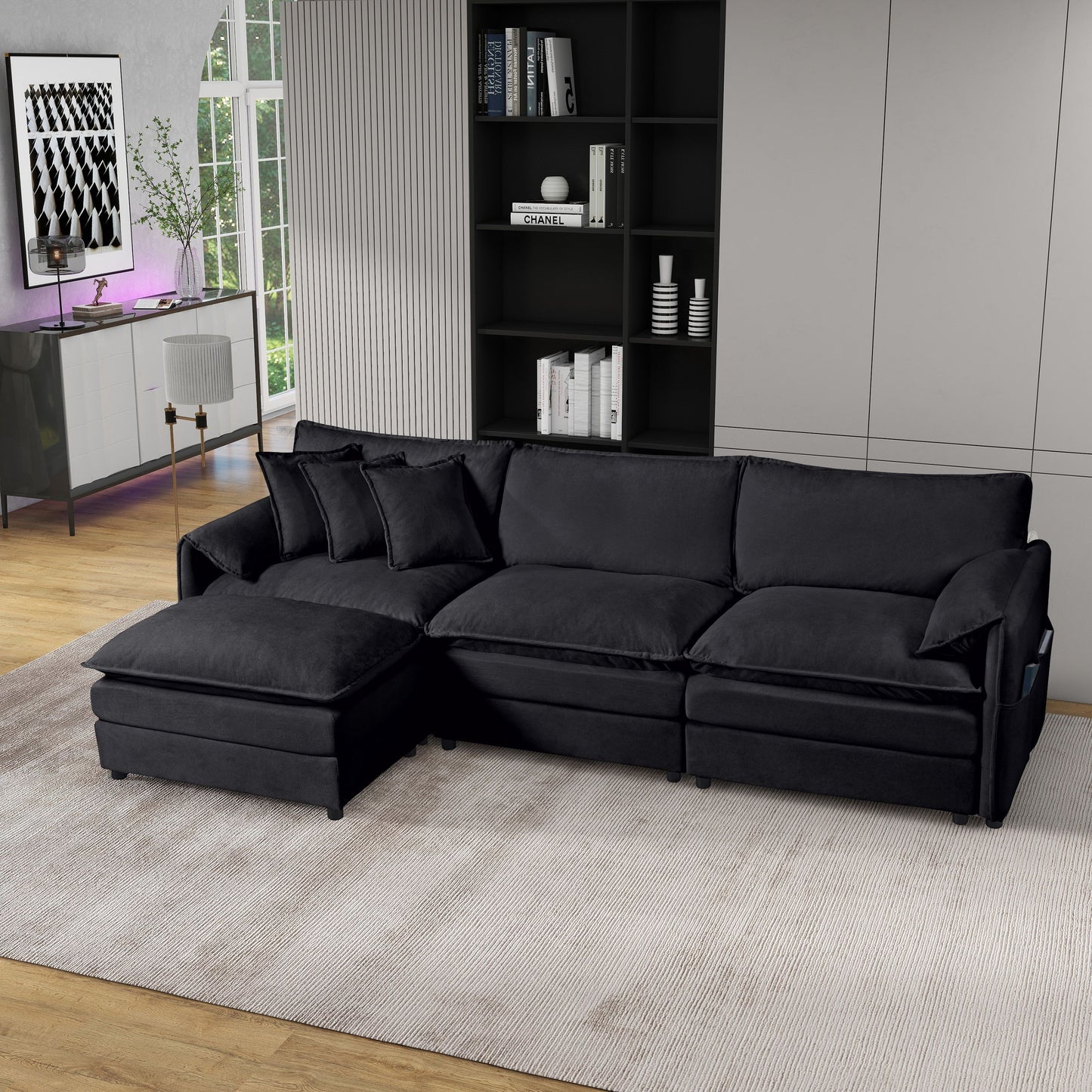 Modular Sectional Sofa Oversized Deep Seat L Shaped Couch Set With Movable Ottoman - Black