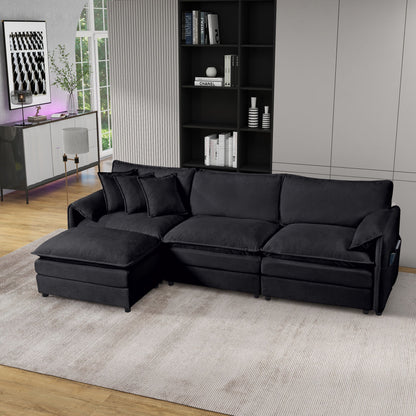 Modular Sectional Sofa Oversized Deep Seat L Shaped Couch Set With Movable Ottoman - Black