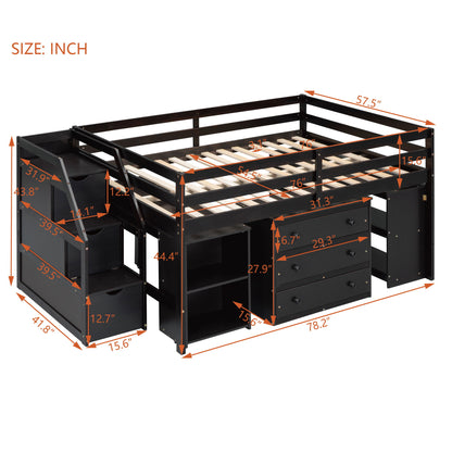 Full Size Loft Bed With Retractable Writing Desk And 3 Drawers With Storage Stairs And Shelves - Espresso