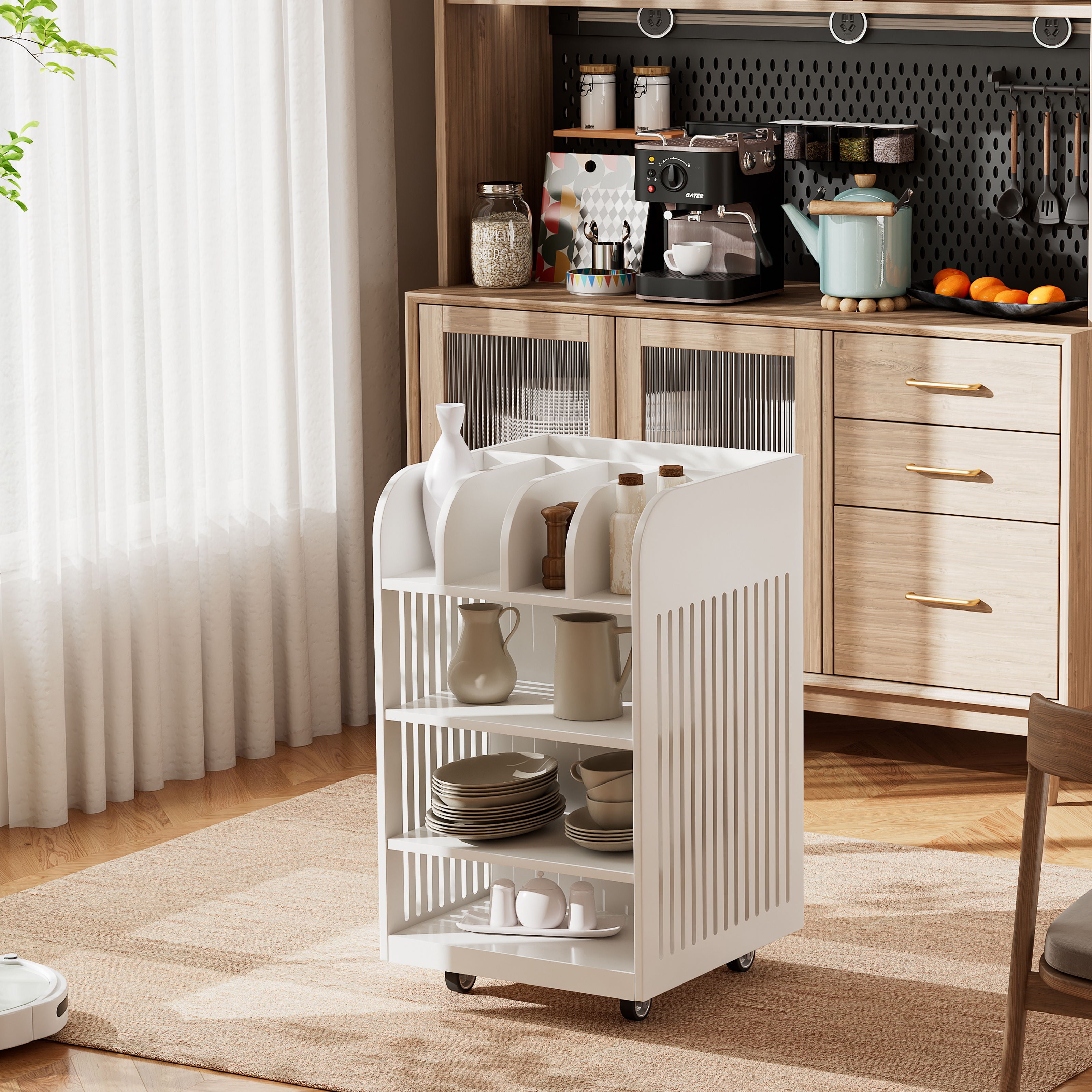 4 Tier Kitchen Island Cart With Spice Rack & Locking Casters, Simple Design Mobile Kitchen Storage Islands For Kitchen Living Room Bedroom - White