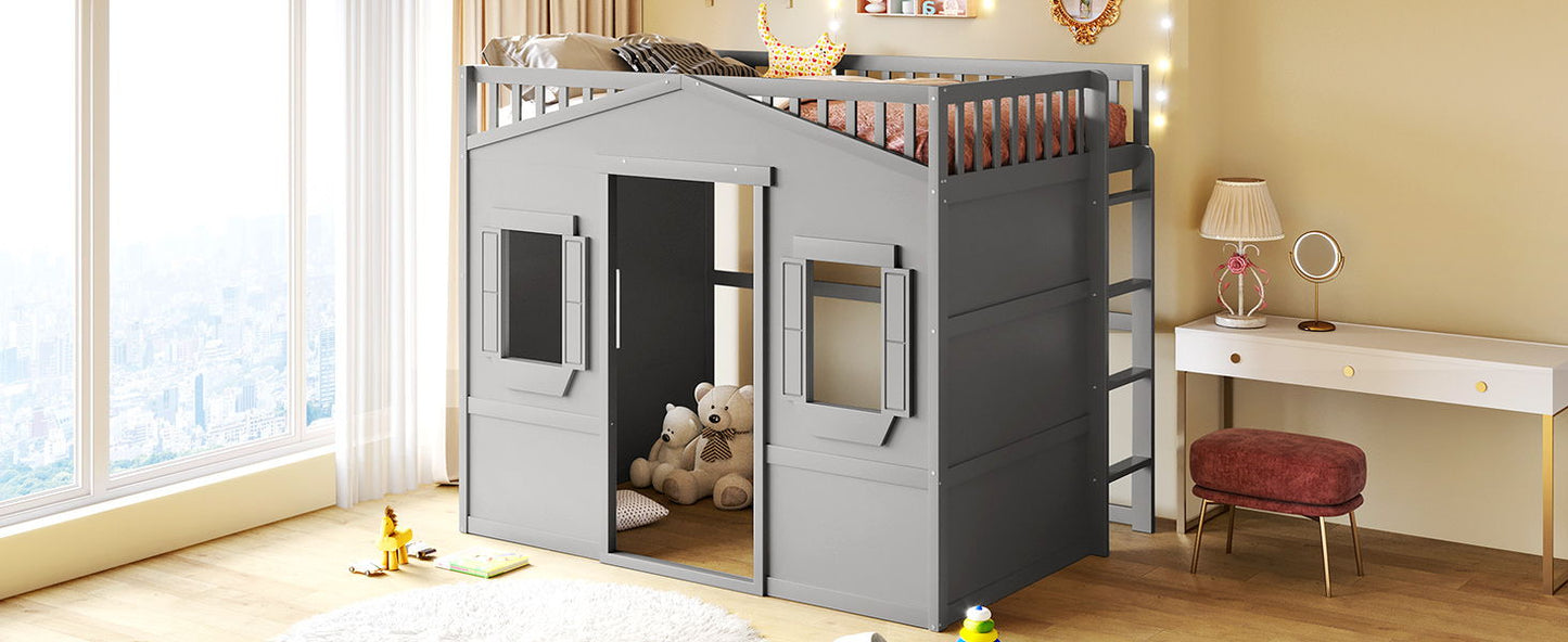 Full Size House Loft Bed With Ladder - Gray