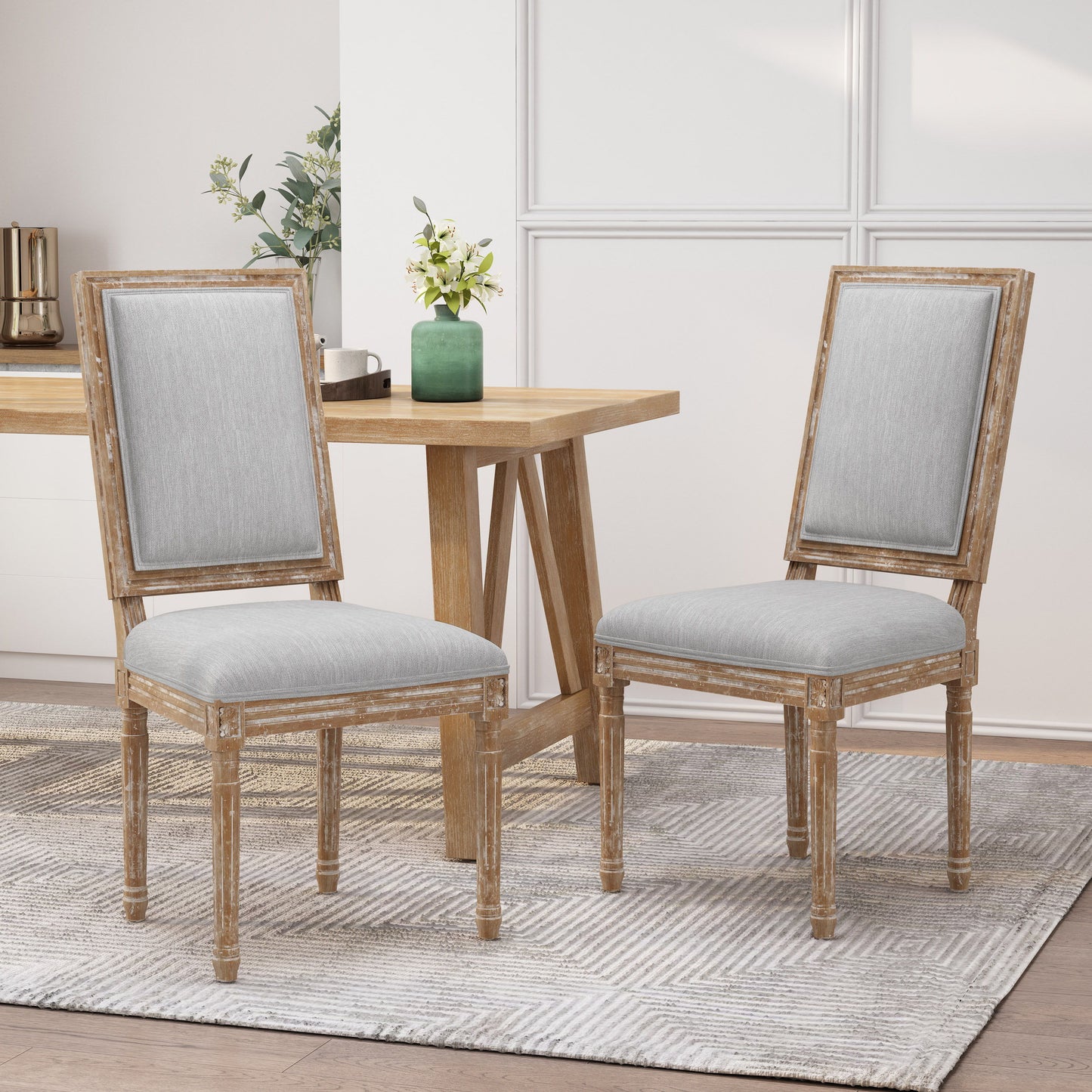 Vintage French Country Dining Chair Set With Cane Backrest, Upholstered Seats - Light Gray