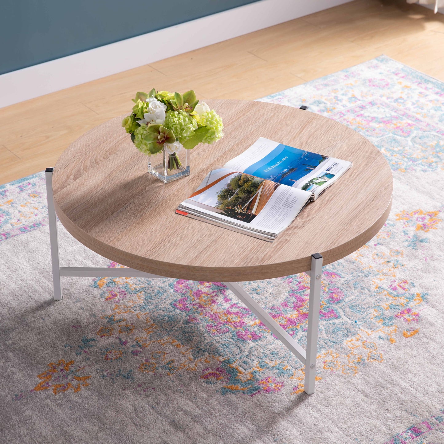 Round Coffee Table With White Metal Legs - Weathered White / White