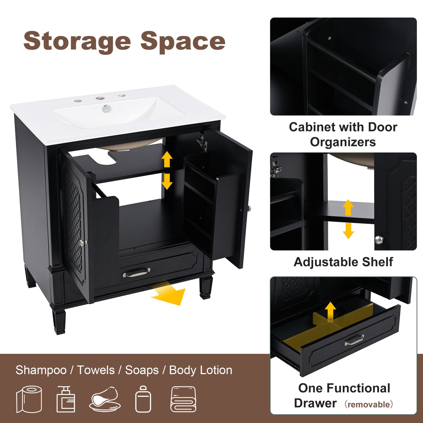 Vintage Style 30" Bathroom Vanity With Sink, Multi Functional Storage, Soft Closing Door - Black