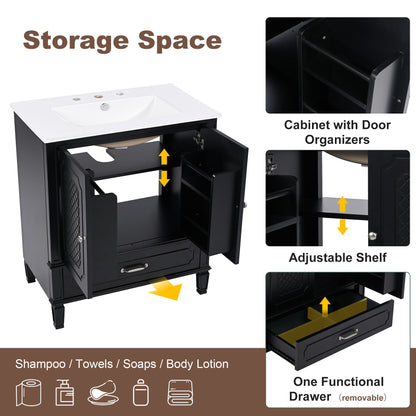 Vintage Style 30" Bathroom Vanity With Sink, Multi Functional Storage, Soft Closing Door - Black