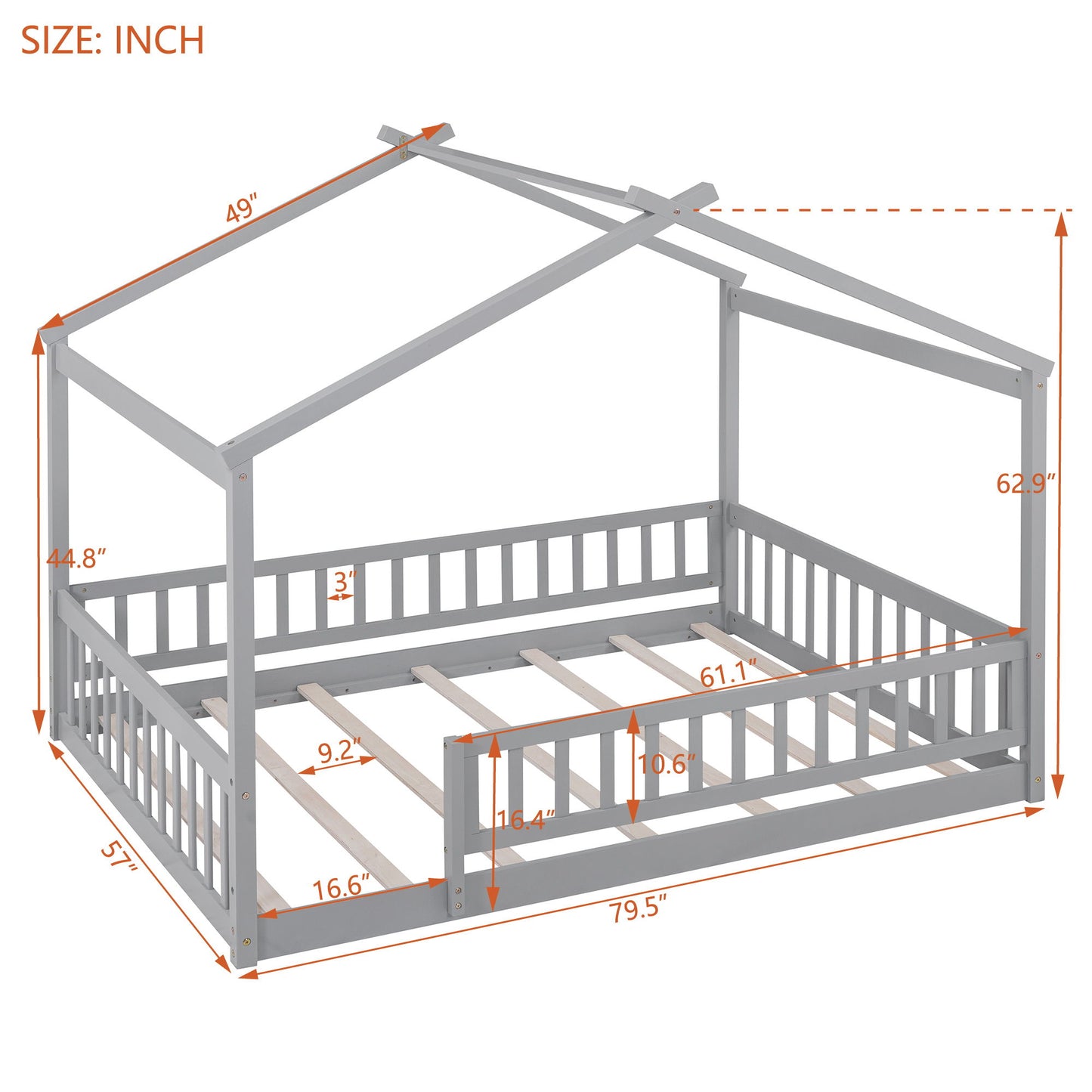 Full Size Bed House Bed Frame With Fence - Gray