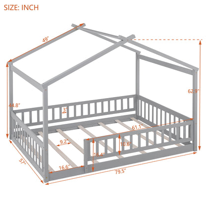 Full Size Bed House Bed Frame With Fence - Gray