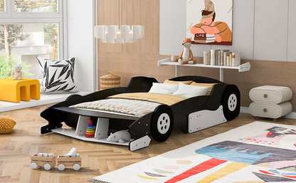 Full Size Race Car Shaped Platform Bed With Wheels - Black