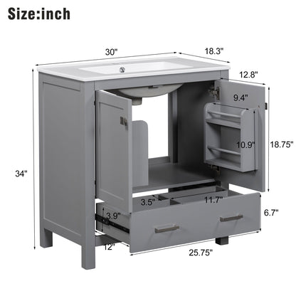 Bathroom Vanity With Single Sink, Combo Cabinet Undermount Sink, Bathroom Storage Cabinet With Two Doors And A Drawer, Soft Closing, Multifunctional Storage, Solid Wood Frame - Gray