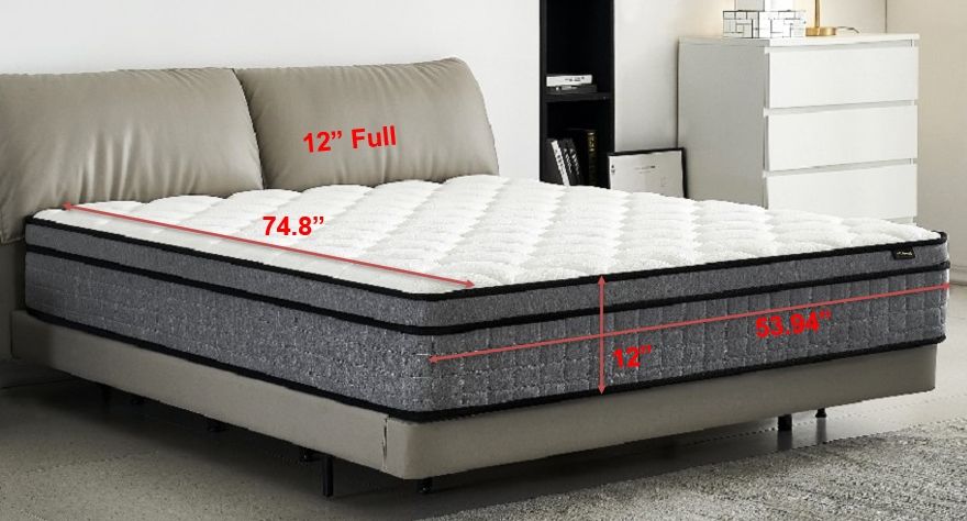 12" Full Size Hybrid Pillow Top Mattress A Box With Gel Infused Memory Foam, Breathable And Hypoallergenic, Medium Firm For Lumbar Support - White / Gray
