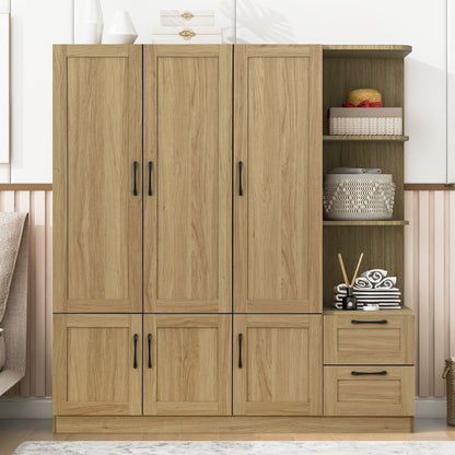 3 Door Storage Wardrobe For Dedroom With Shelves And 2 Drawers, Side Storage Shelves - Nature