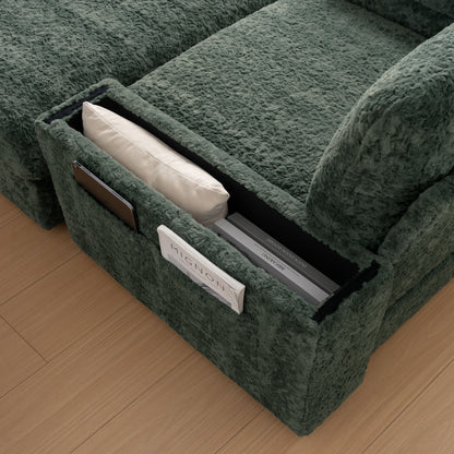 Oversized Chaise Lounge Indoor Rabbit Fur Sofa Bed With Storage Ottoman And Armrests Cup Holders With Deep Seat - Green