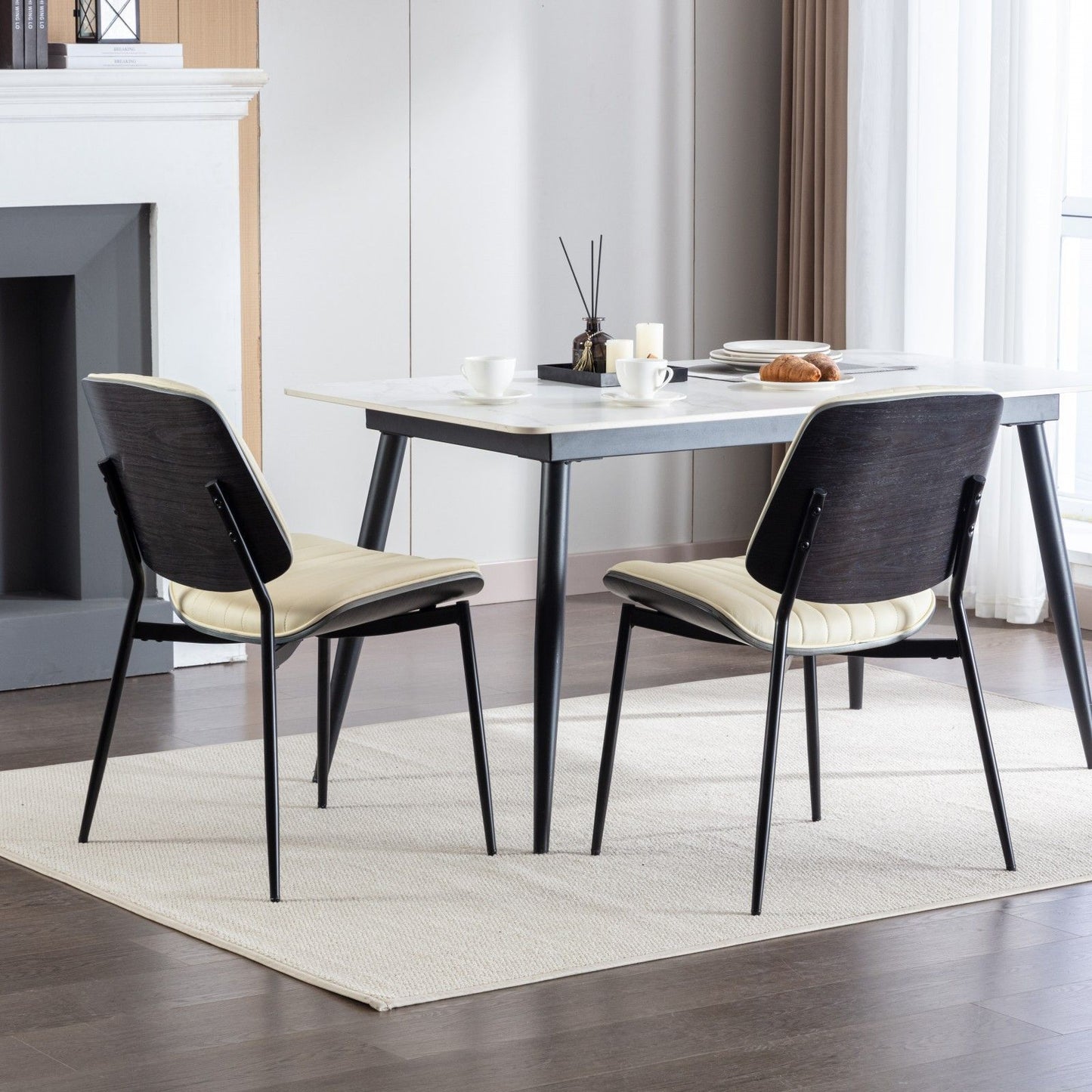 Dining Chairs Mid-Century Modern Retro Faux Leather Chair With Walnut Bentwood Back Upholstered Seat Metal Legs Adjustable Foot For Kitchen Dining Room Chairs (Set of 2) - Beige