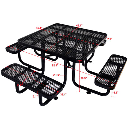 Square Outdoor Steel Picnic Table, With Umbrella Pole - Black