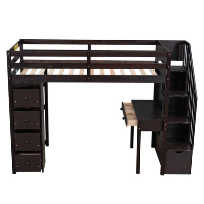 Twin Size Loft Bed With Storage Drawers, Desk And Stairs With Shelves - Espresso