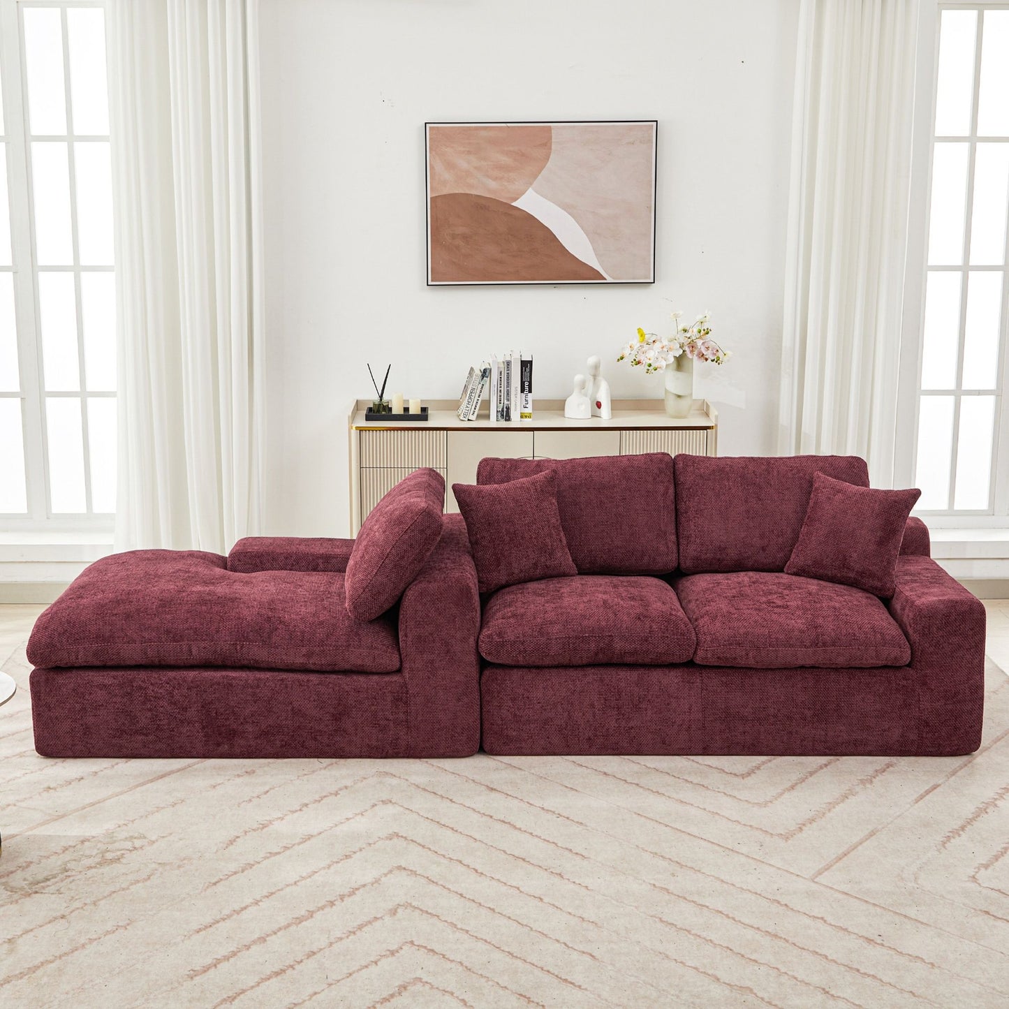 Cloud Sectional Sofa Upholstered Sofa Couch With Double-Layer Cushion And Side Pockets - Red