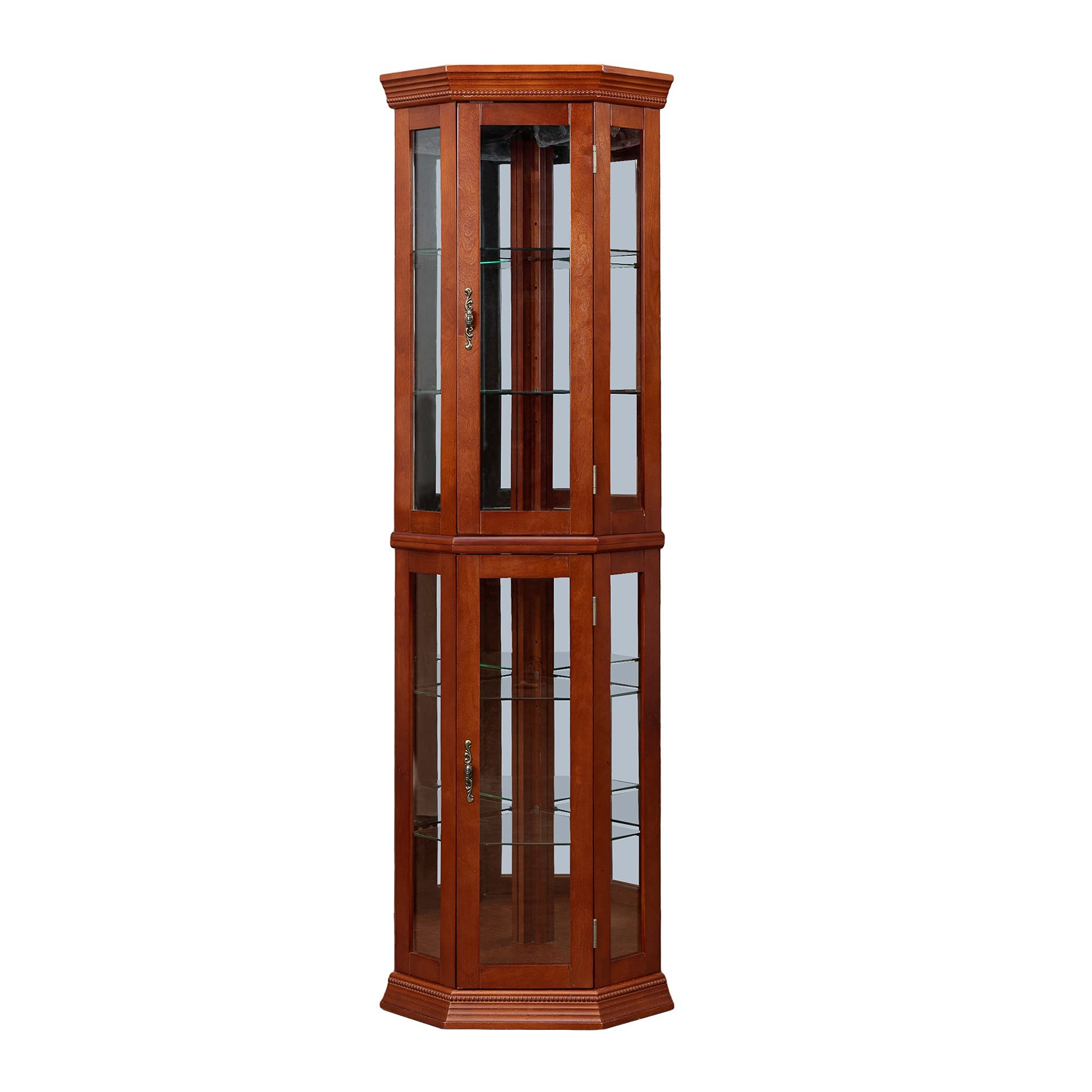 Corner Curio Cabinet With Lights, Adjustable Tempered Glass Shelves, Mirrored Back, Display Cabinet (E26 Light Bulb Not Included) - Light Walnut