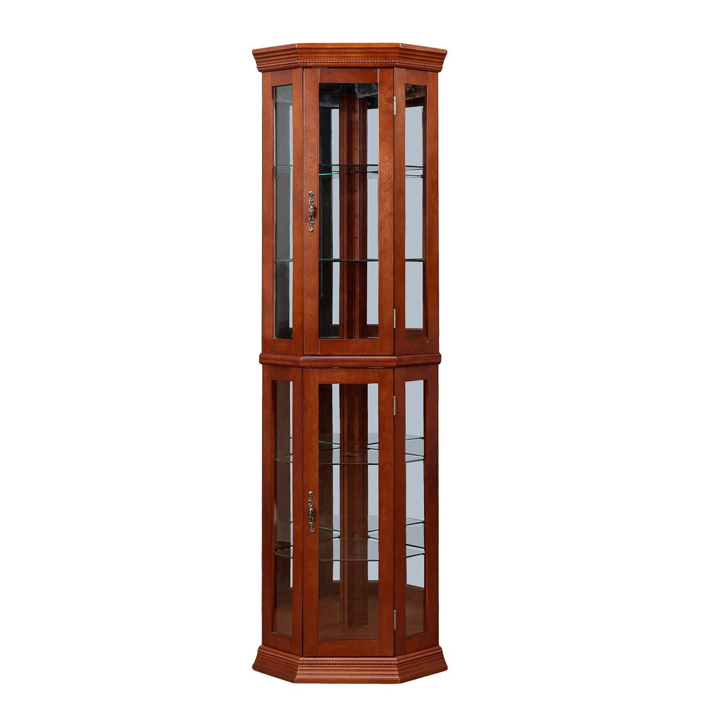 Corner Curio Cabinet With Lights, Adjustable Tempered Glass Shelves, Mirrored Back, Display Cabinet (E26 Light Bulb Not Included) - Light Walnut