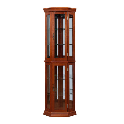 Corner Curio Cabinet With Lights, Adjustable Tempered Glass Shelves, Mirrored Back, Display Cabinet (E26 Light Bulb Not Included) - Light Walnut