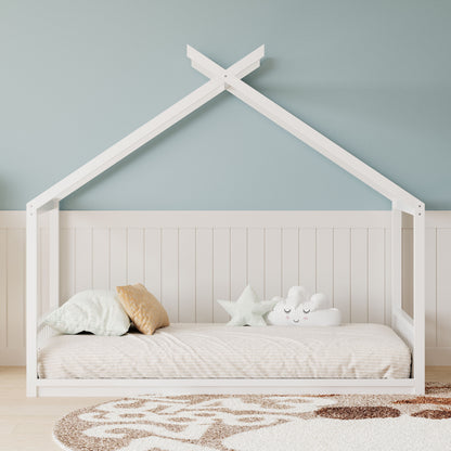 Full Size Montessori Style House Bed For Kids, Floor Bed Frame With Headboard And Footboard, Fence Bed For Girls, Boys, Slat Not Included - White