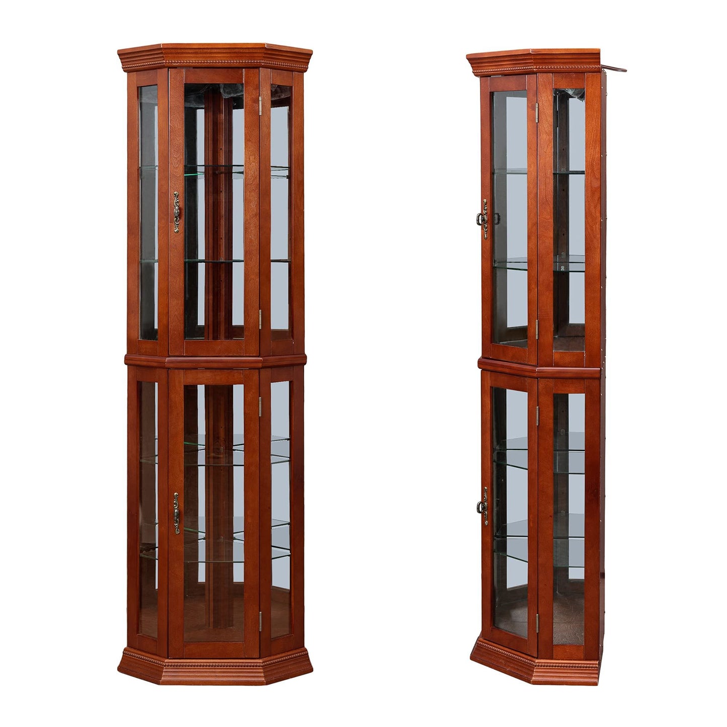 Corner Curio Cabinet With Lights, Adjustable Tempered Glass Shelves, Mirrored Back, Display Cabinet (E26 Light Bulb Not Included) - Light Walnut