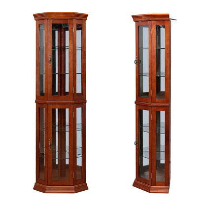 Corner Curio Cabinet With Lights, Adjustable Tempered Glass Shelves, Mirrored Back, Display Cabinet (E26 Light Bulb Not Included) - Light Walnut