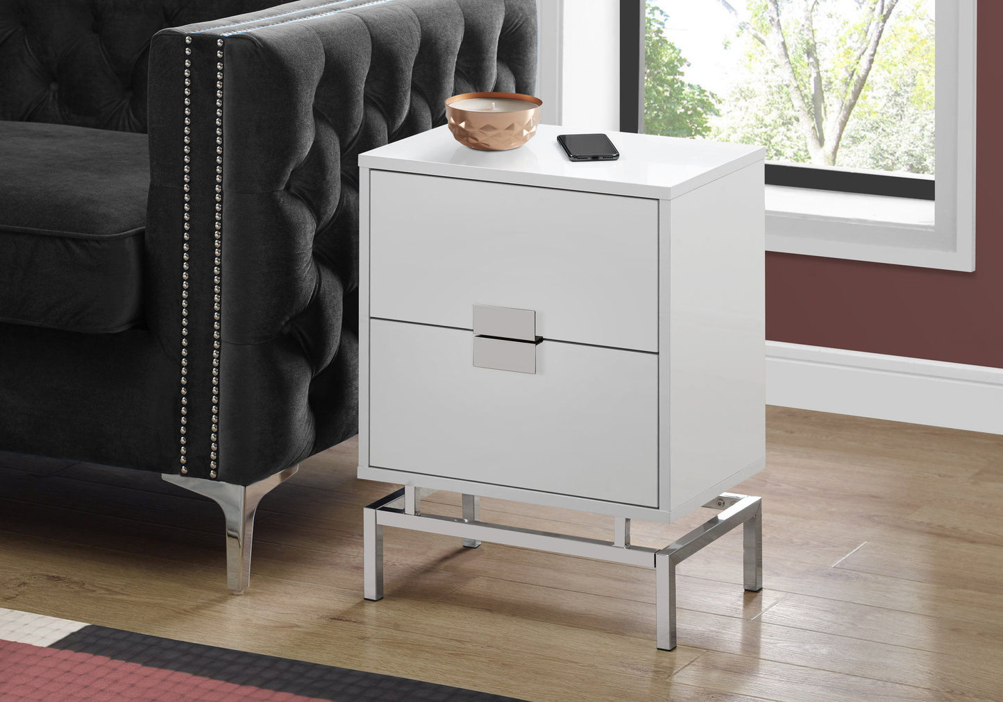 Accent Side Table, 2 Storage Drawer, Glossy Contemporary And Modern - White