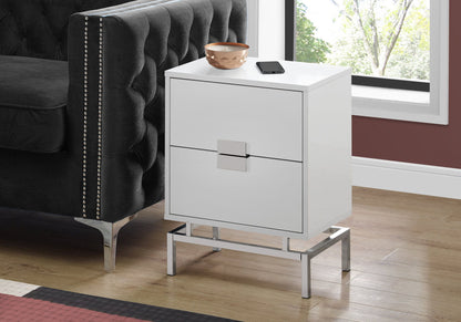 Accent Side Table, 2 Storage Drawer, Glossy Contemporary And Modern - White