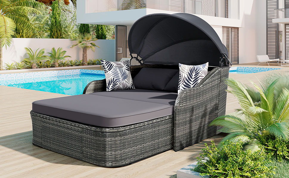 Outdoor Sunbed With Adjustable Canopy, Double Lounge, PE Rattan Daybed Wicker And Cushion - Gray