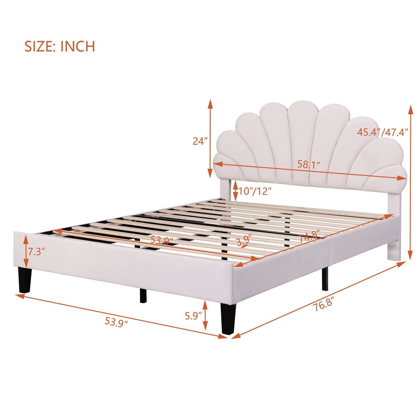 Full Size Upholstered Platform Bed With Flower Pattern Headboard - Beige