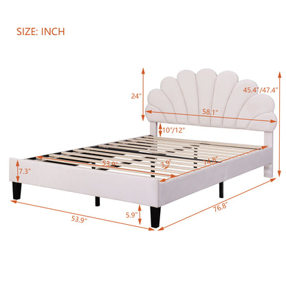 Full Size Upholstered Platform Bed With Flower Pattern Headboard - Beige