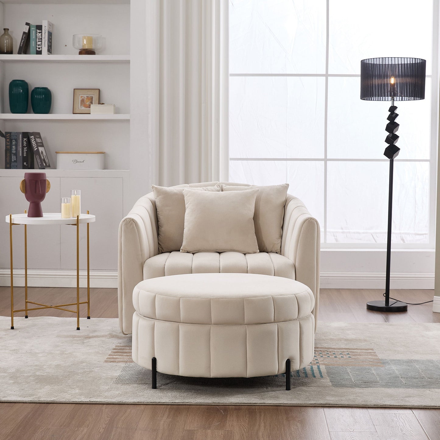 Oversized Swivel Barrel Accent Chair And Ottoman Set With Storage - Beige