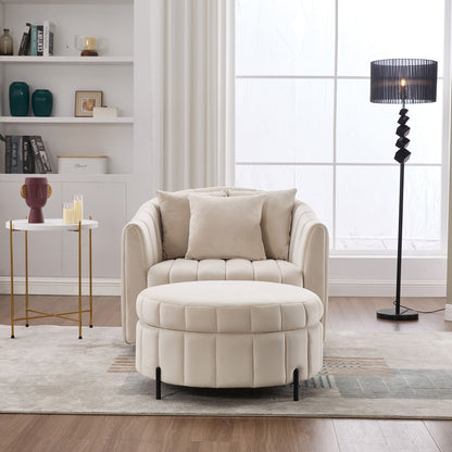 Oversized Swivel Barrel Accent Chair And Ottoman Set With Storage - Beige
