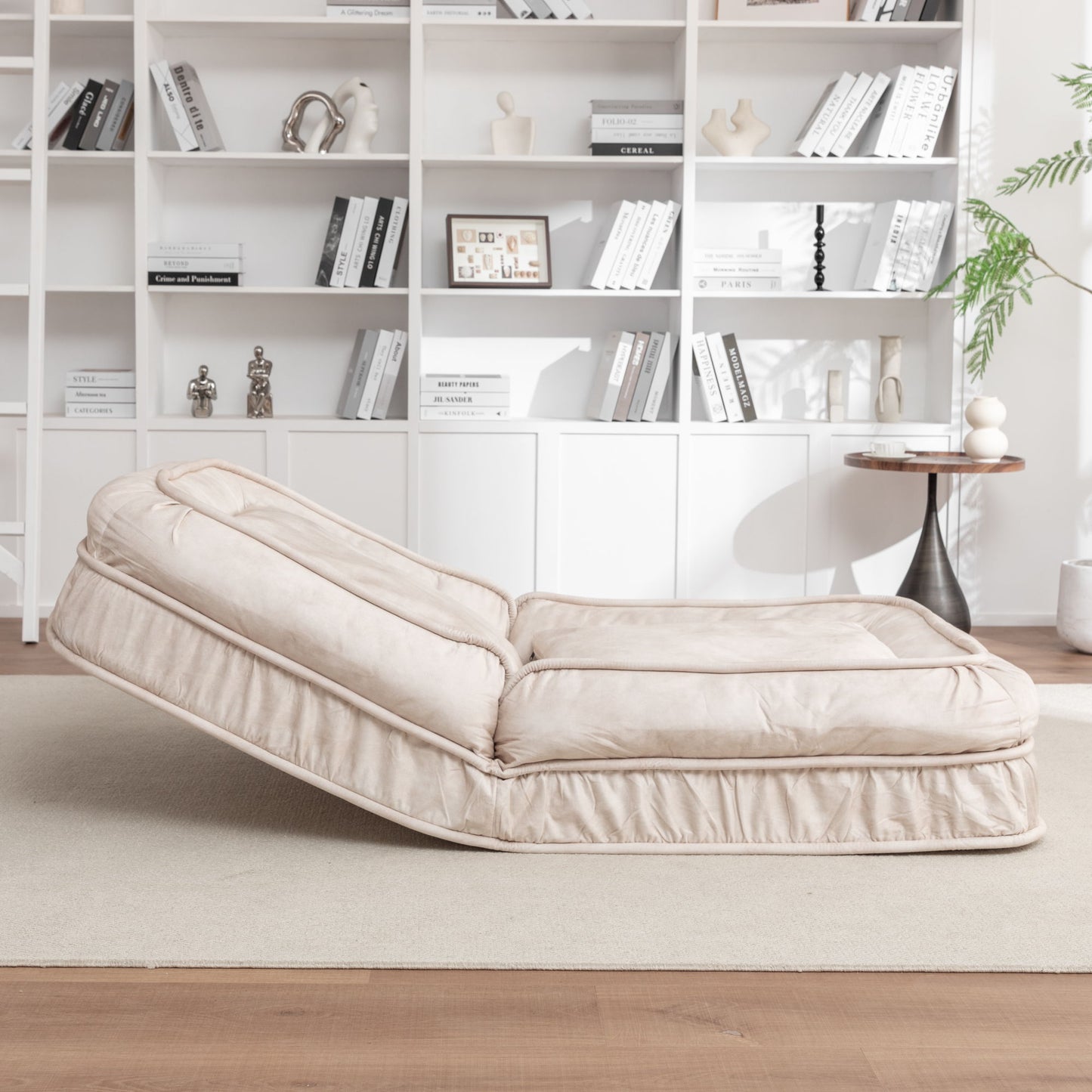 Upholstered Human Dog Bed And Pets Bean Bag Floor Sofa With Massage Pillow, 5 Adjustable Positions & 2 Soft Pillows, Velvet With Foam And Iron Plastic Frame - Beige