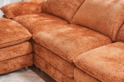 Modern Deep 3 Seat Sofa Couch With Ottoman, Polyester Sofa Sleeper Comfy Upholstered Furniture For Living Room - Orange