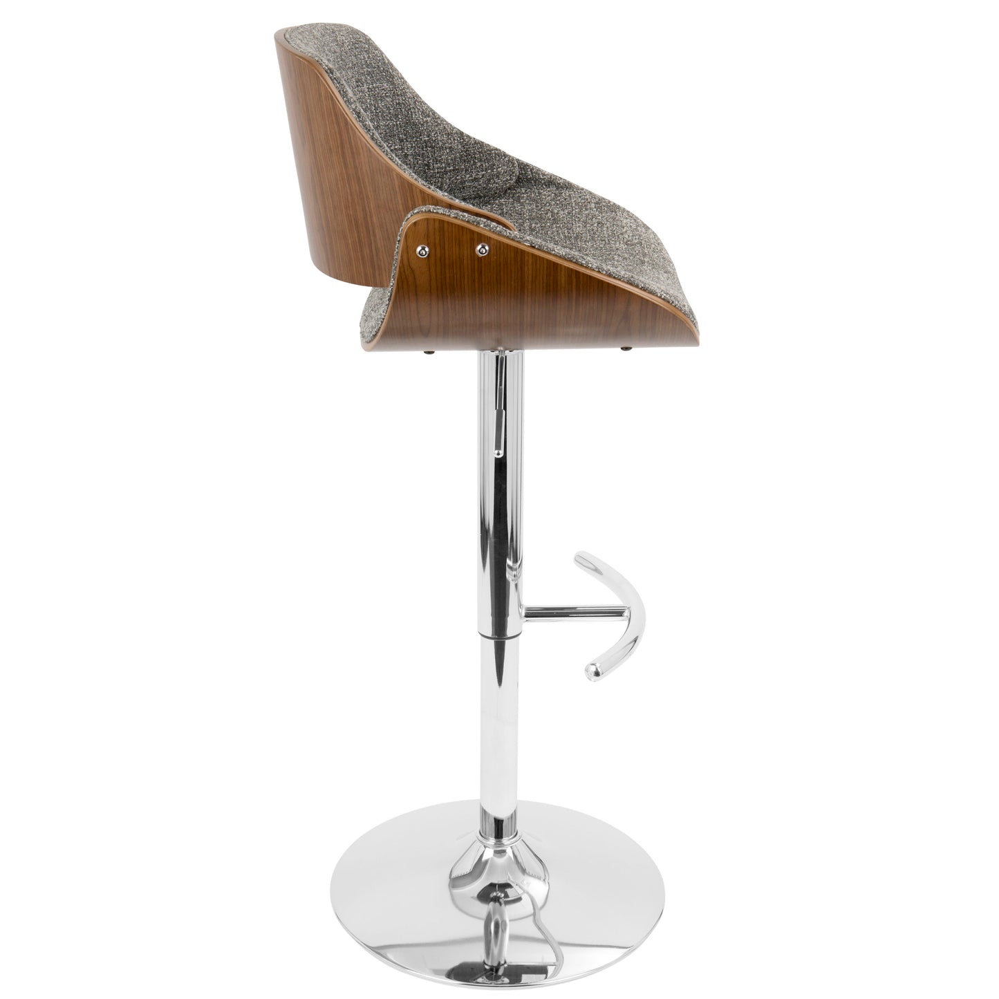 Fabrizzi - Mid-Century Modern Adjustable Barstool With Swivel With Rounded T Footrest (Set of 3) - Chrome / Walnut / Gray