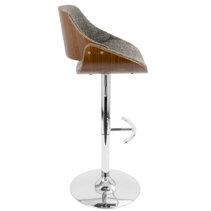 Fabrizzi - Mid-Century Modern Adjustable Barstool With Swivel With Rounded T Footrest (Set of 3) - Chrome / Walnut / Gray