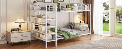 Twin Over Full Bunk Bed With 5 Tier Shelves - White