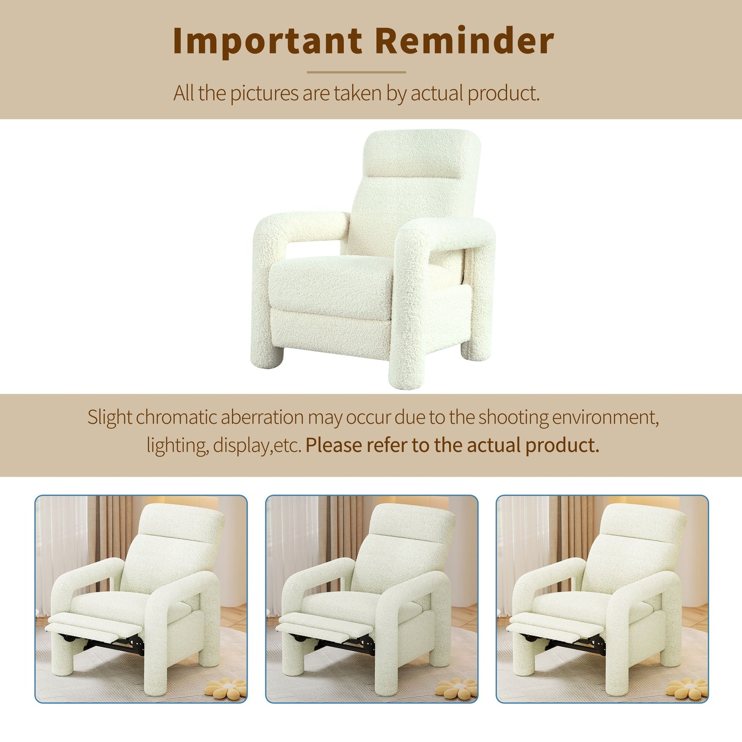 Push Back Recliner Armchair Upholstered Single Sofa With Adjustable Backrest For Living Room - Beige