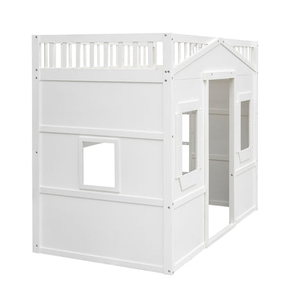 Twin Size House Loft Bed With Ladder - White