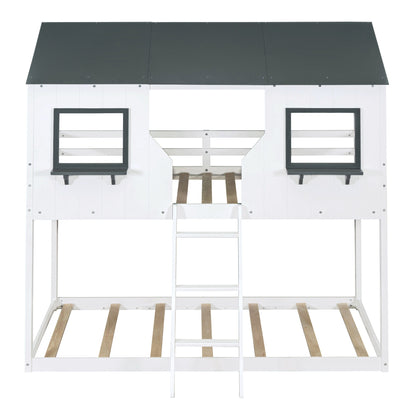 Twin Over Twin Bunk Bed Bed With Roof, Window, Guardrail, Ladder - White