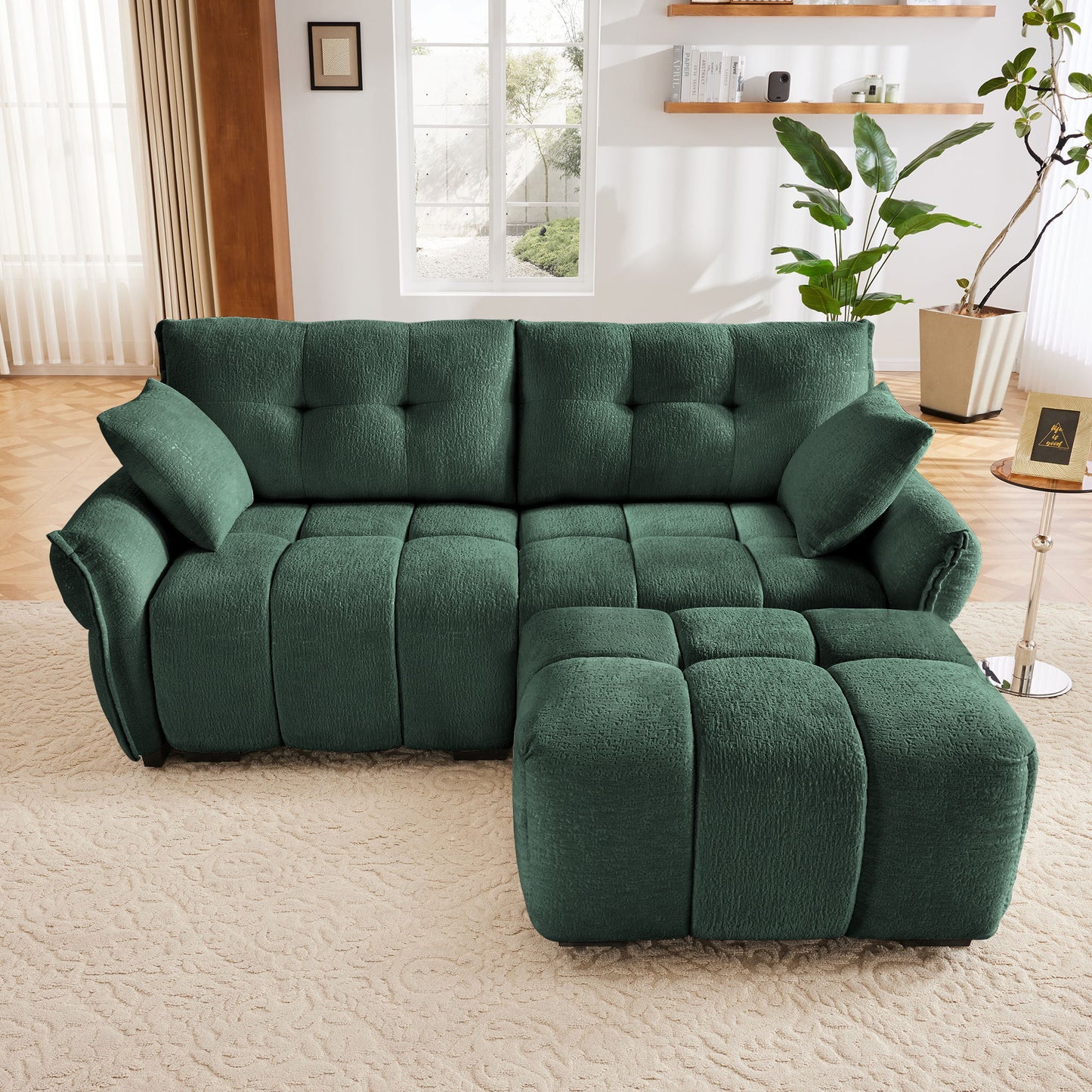 Modern Fabric 2 Seater Sofa With Ottoman Minimalist Design - Green