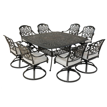Square 8 Person 64" Long Aluminum Dining Set With Cushions With Swivel And Rocking Chairs - Dark Gray / White