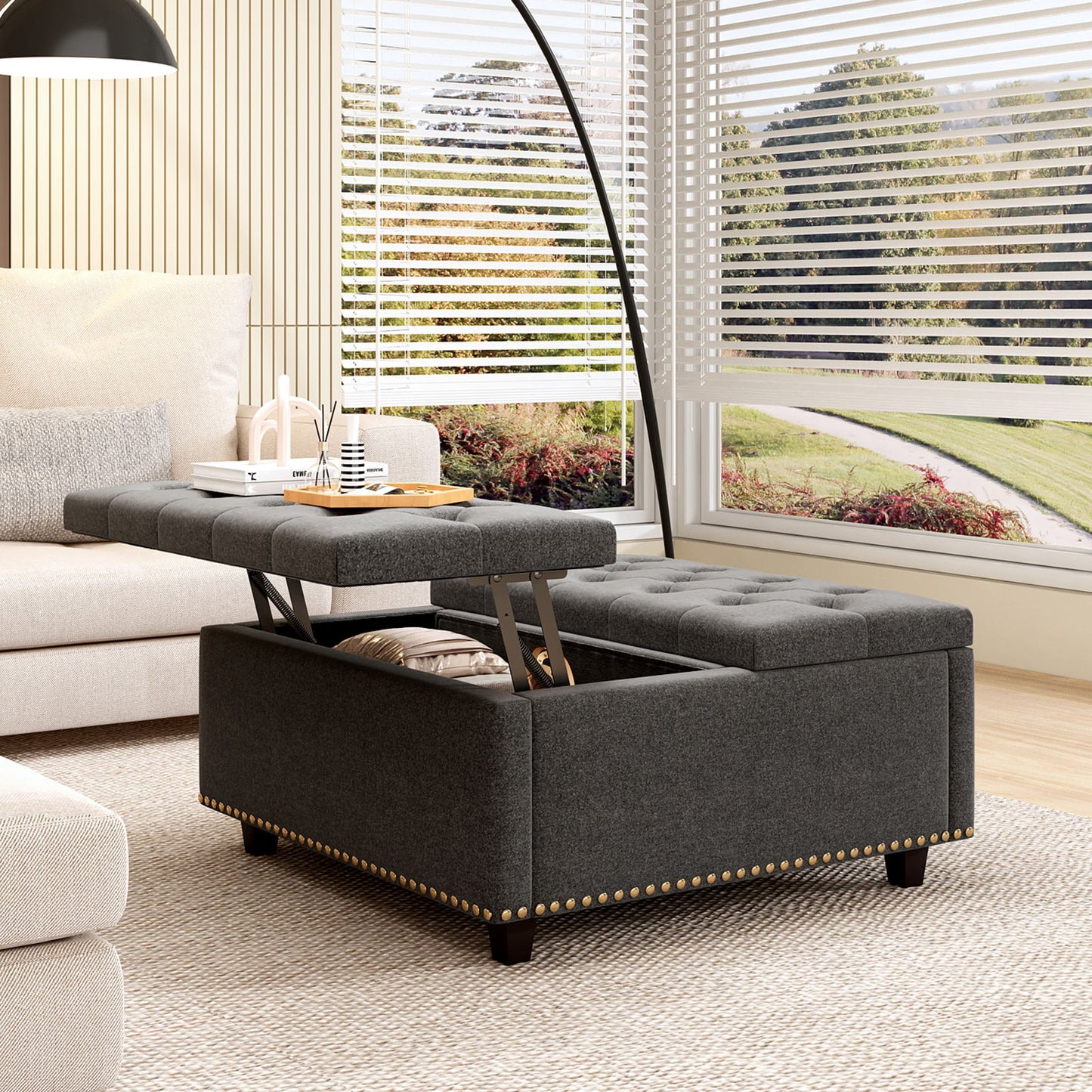 Massive Square Storage Bench, Footstool With 2 Storage Doors, Mid - Century Modern Coffee Table For Living Room, Nailhead Inlay - Dark Gray