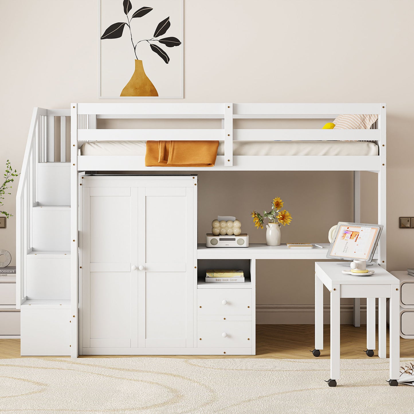 Twin Size Loft Bed With Stairs, Bookshelf, Drawers, Desk & Wardrobe, Space Saving Multifunctional Furniture - White