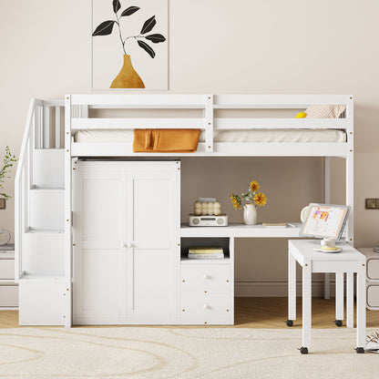 Twin Size Loft Bed With Stairs, Bookshelf, Drawers, Desk & Wardrobe, Space Saving Multifunctional Furniture - White