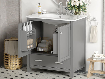 Bathroom Vanity With Single Sink, Combo Cabinet Undermount Sink, Bathroom Storage Cabinet With Two Doors And A Drawer, Soft Closing, Multifunctional Storage, Solid Wood Frame - Gray
