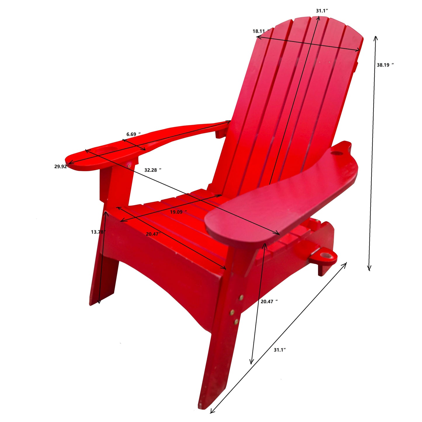 Outdoor Or Indoor Wood Adirondack Chair With An Hole To Hold Umbrella, On The Arm - Red